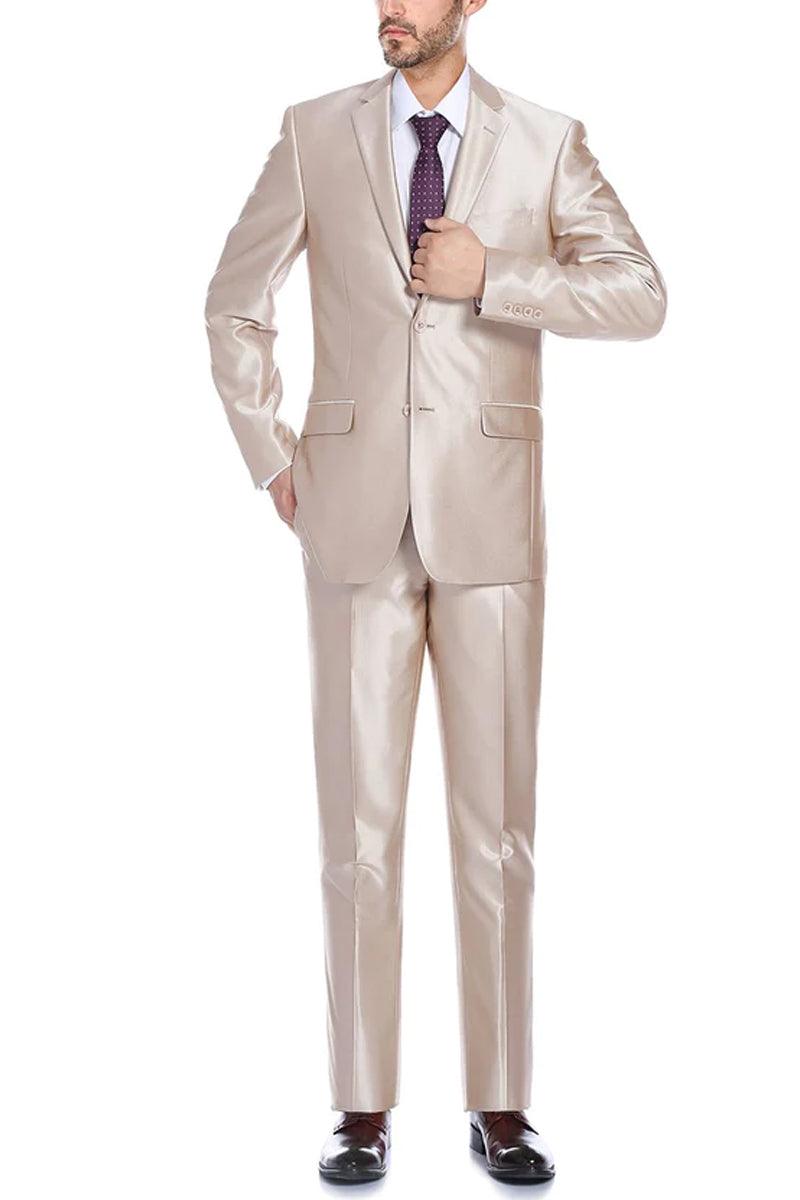 "Renoir Men's Slim Suit w/ Optional Vest: Shining Champagne Tan Sharkskin" - Elegant Mensattire