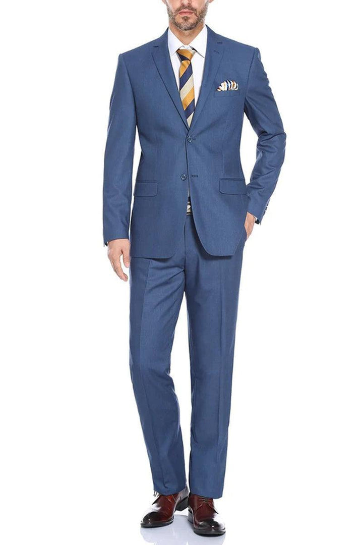 "Renoir Men's Steel Blue 2-Button Slim-Fit Suit w/ Hack Pockets" - Elegant Mensattire