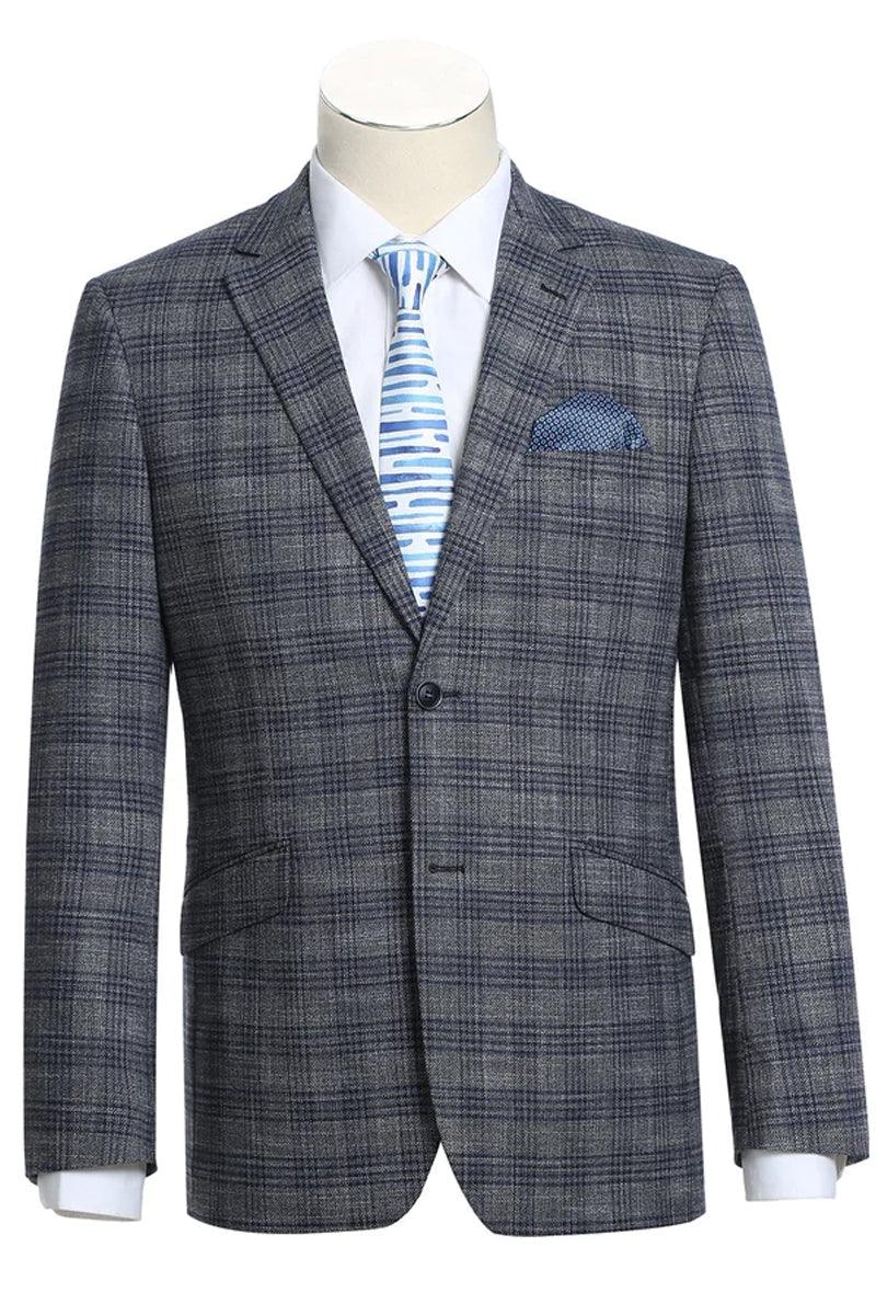 "Renoir Men's Two-Button Blazer - Charcoal Grey Windowpane Plaid - Slim Fit" - Elegant Mensattire