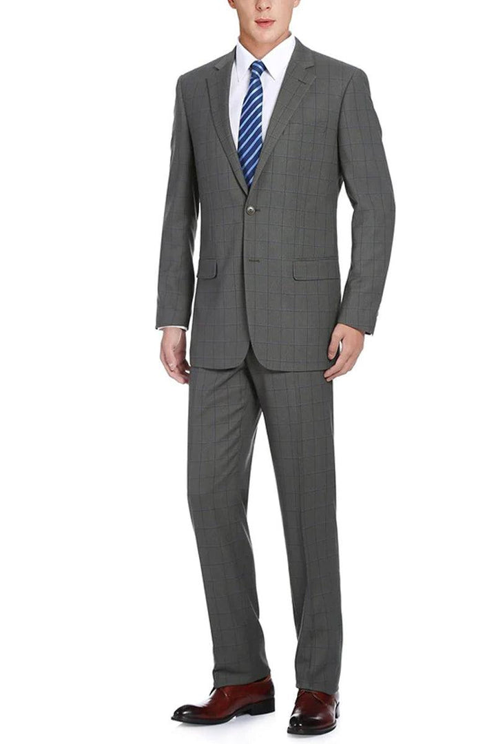 Renoir Men's Two-Button Classic Fit Grey Windowpane Suit - Elegant Mensattire