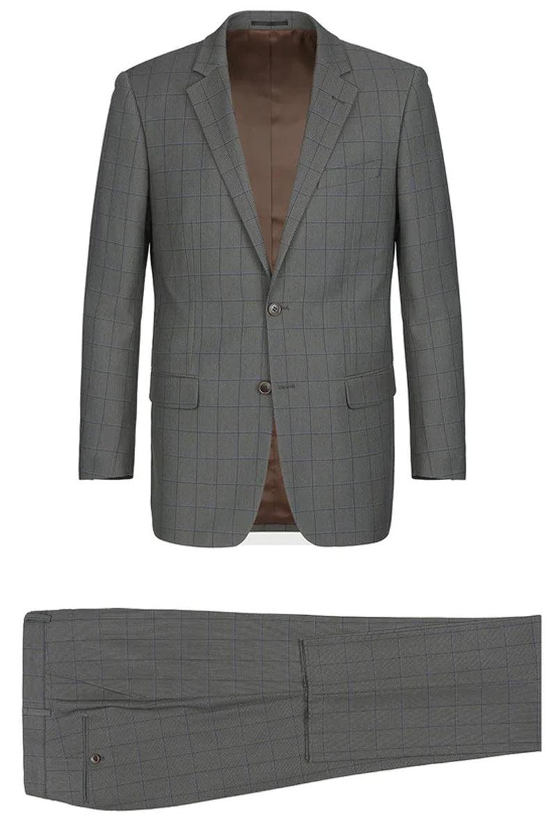 Renoir Men's Two-Button Classic Fit Grey Windowpane Suit - Elegant Mensattire