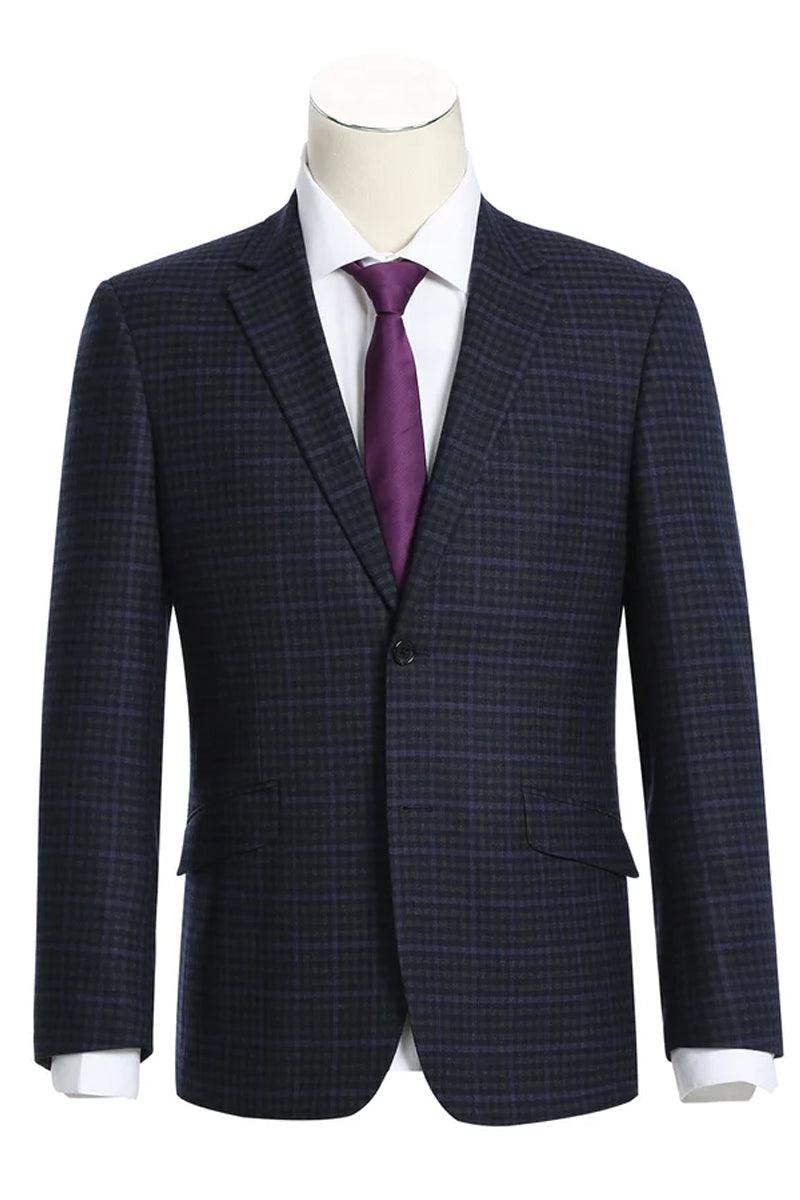 Renoir Men's Two Button Slim-Fit Wool Suit in Navy & Purple Micro Check Plaid - Elegant Mensattire