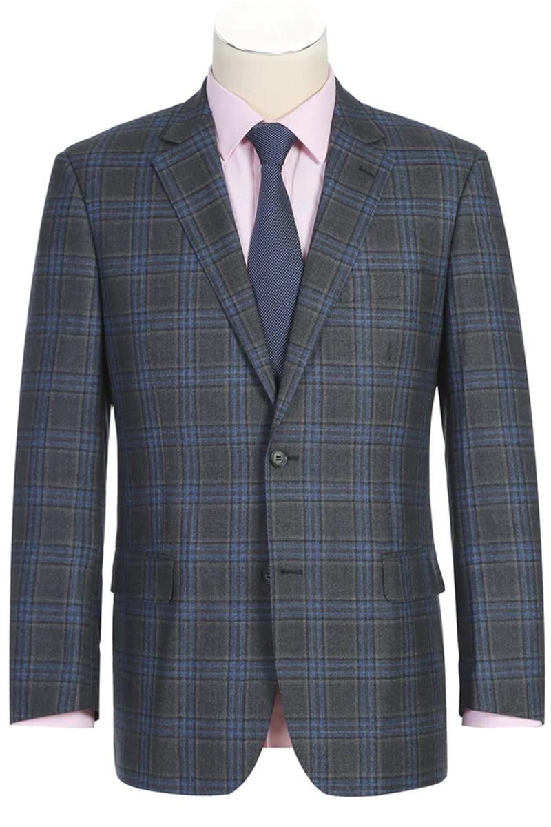 Renoir Men's Wool 2-Button Classic Vested Suit in Grey-Blue Windowpane Plaid - Elegant Mensattire