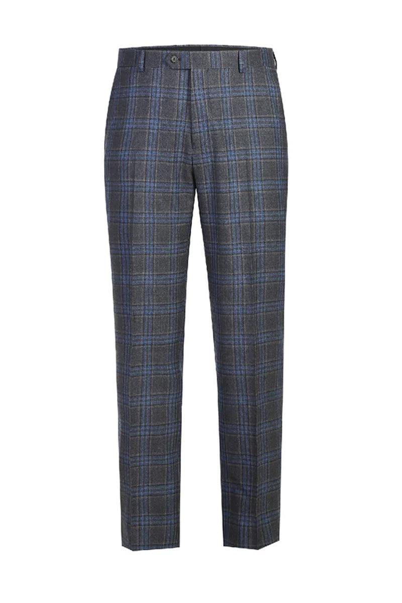 Renoir Men's Wool 2-Button Classic Vested Suit in Grey-Blue Windowpane Plaid - Elegant Mensattire