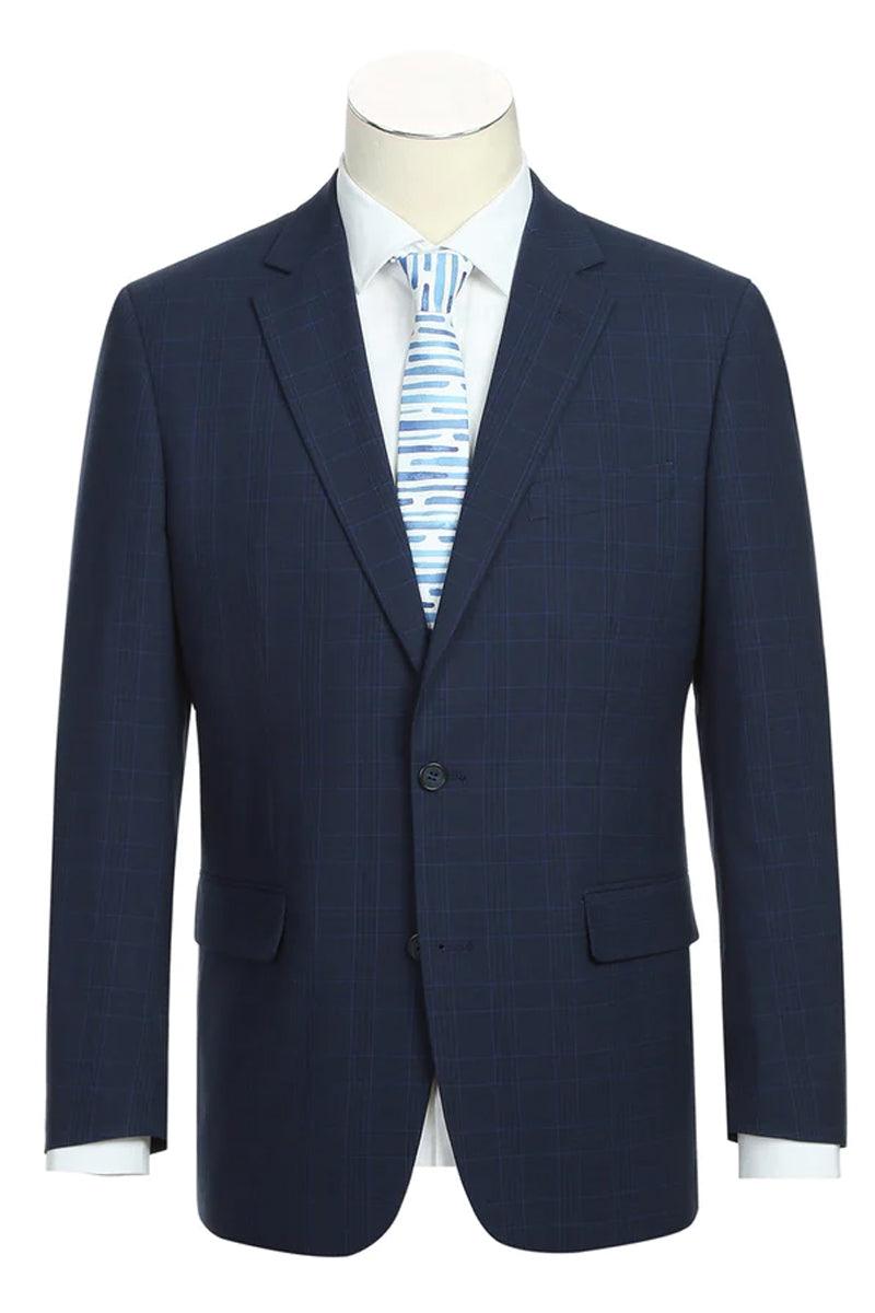 Renoir Mens 2-Btn Classic Fit Suit - Dark Blue Windowpane Plaid - Elegant Mensattire