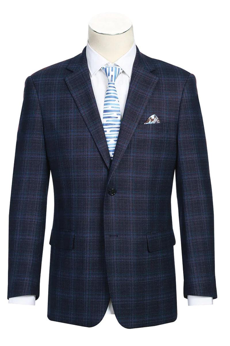 "Renoir Mens 2-Button Wool-Stretch Navy Windowpane Blazer" - Elegant Mensattire