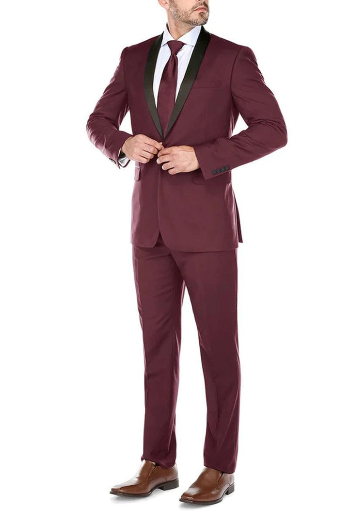 Renoir Mens Traditional Slim Fit Burgundy Tuxedo Shawl Collar - Elegant Mensattire