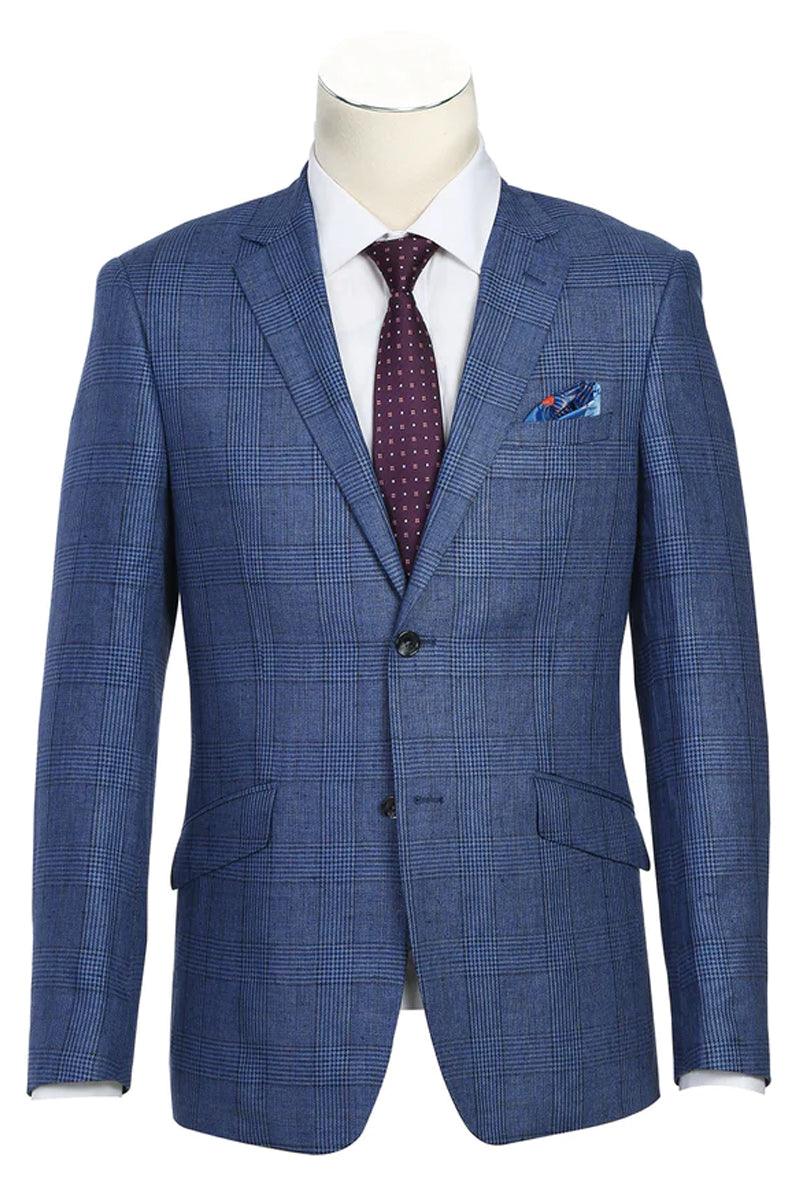 Renoir Navy Blazer: Slim Fit 2-Button Linen Sport Coat w/ Windowpane Plaid - Elegant Mensattire