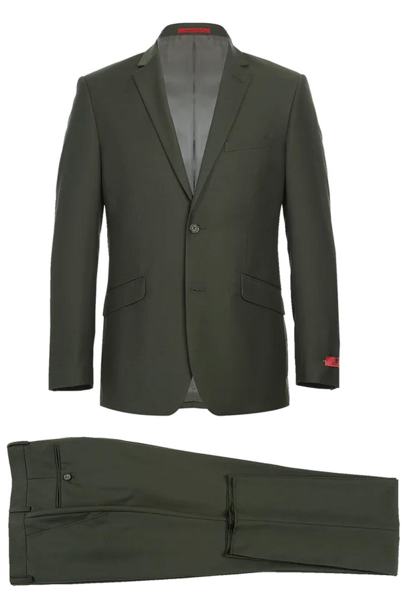 Renoir Olive Green Two-Button Slim-Fit Suit, Optional Vest | Last Chance 44L - Elegant Mensattire