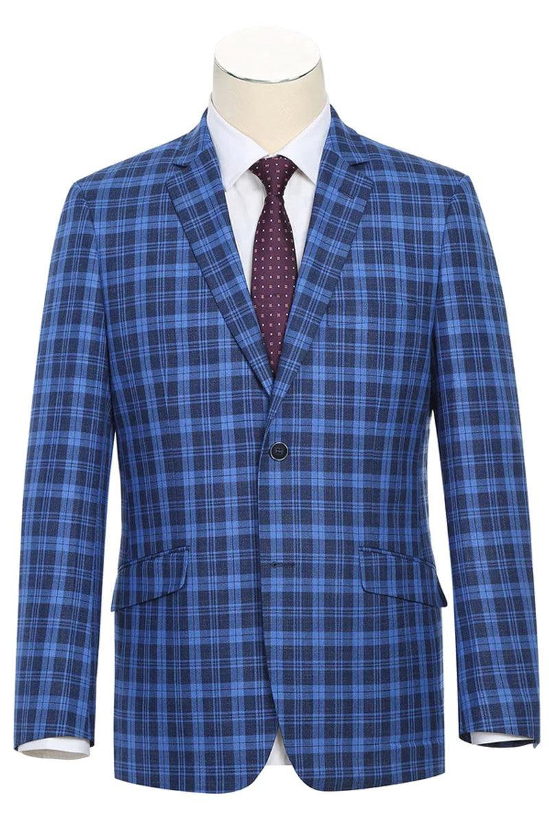 Renoir Royal & Navy Plaid Slim Fit Blazer - 2-Button Sport Coat - Elegant Mensattire