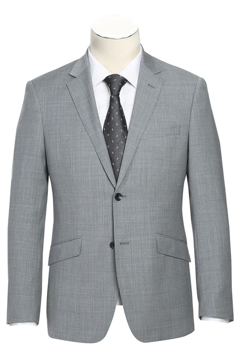 Renoir Slim Fit Gray Windowpane Suit w/Hack Pockets - Elegant Mensattire