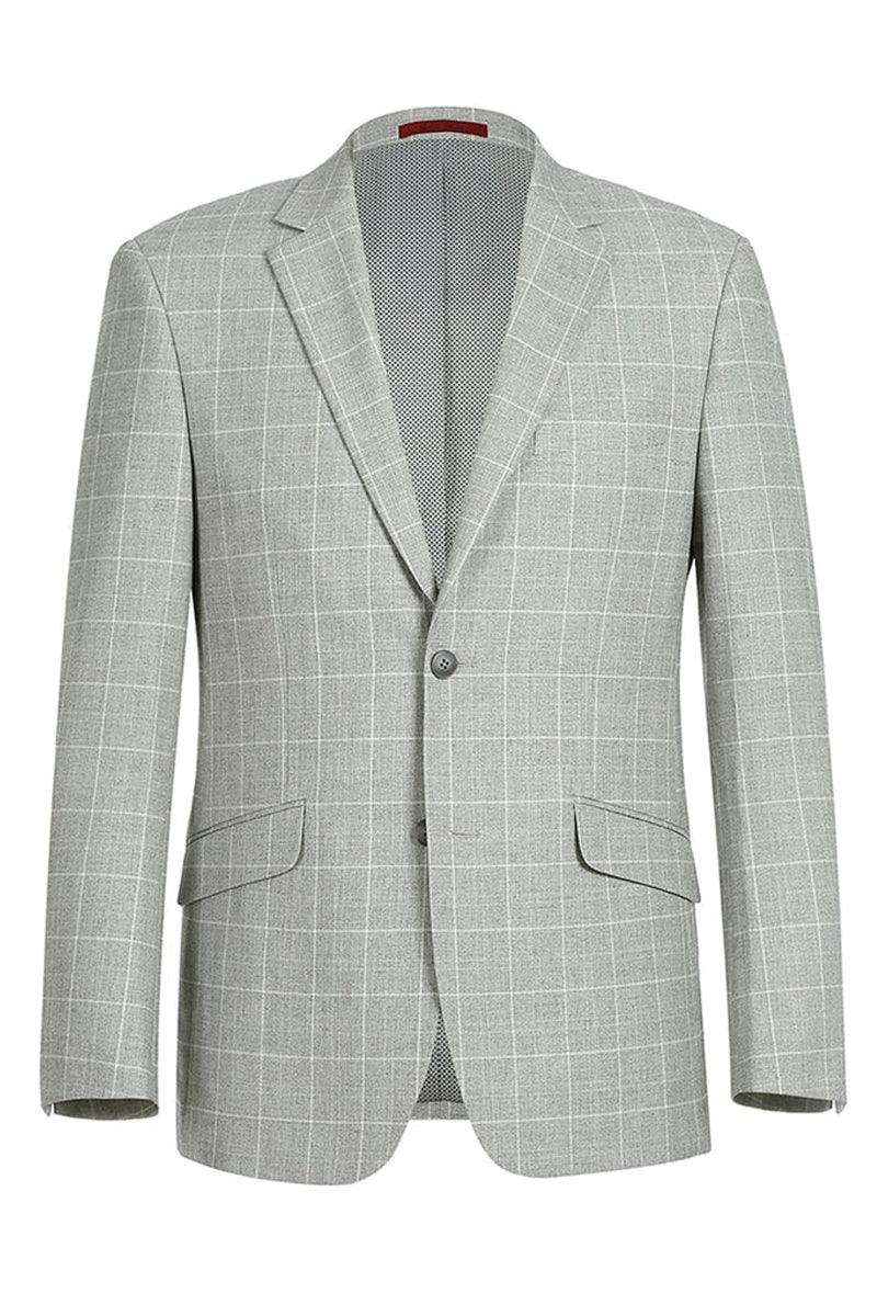 Renoir Sport Coat Blazer - Slim Fit, 2 Buttons, Light Grey Ash Windowpane Plaid - Elegant Mensattire