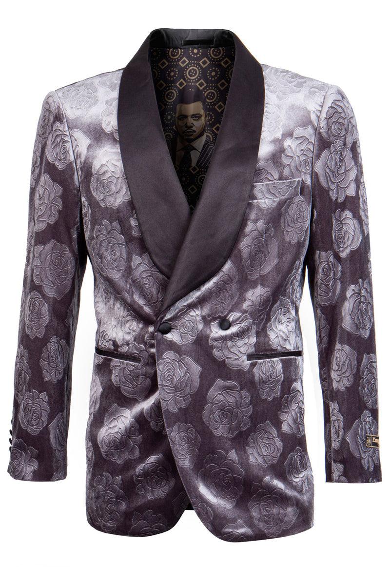 Resurgence 

Men's Empire Resurgence Double-Breasted Velvet Smoking Jacket - Grey Floral Rose Print - Elegant Mensattire