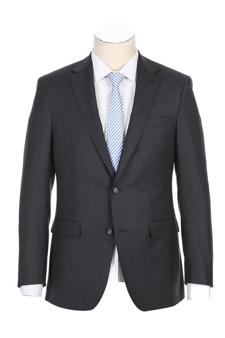 Rivelino Charcoal Grey Wool Modern Fit 2-Button Half Canvas Suit - Elegant Mensattire