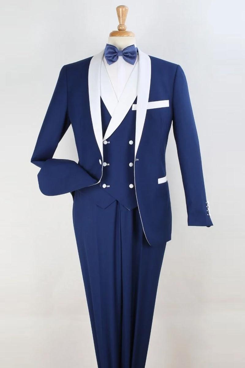 Royal Diamond Men's One-Button Double-Breasted Shawl Tuxedo Vest in Blue & White - Elegant Mensattire