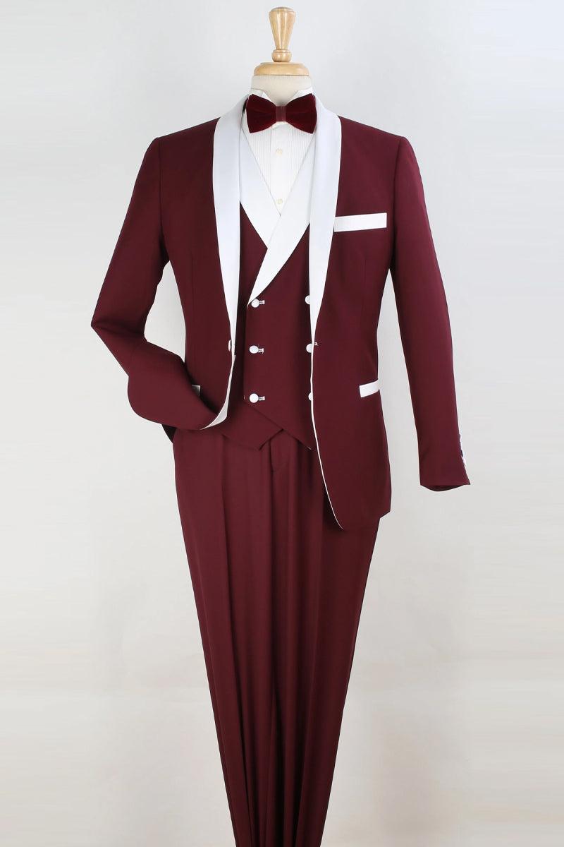 "Royal Diamond One-Button Tuxedo Shawl Vest - Double Breasted Burgundy & White" - Elegant Mensattire