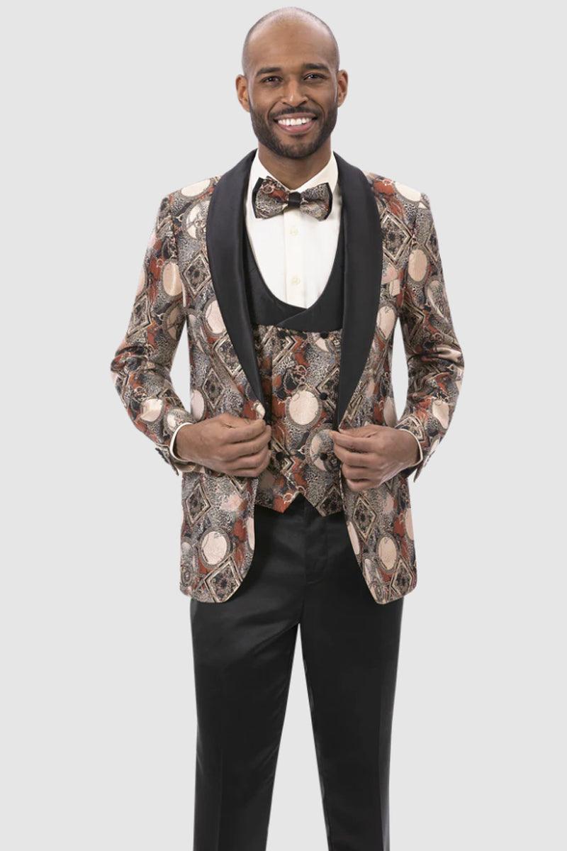 "Rust Geometric Vested Tuxedo by EJ Samuel" - Elegant Mensattire