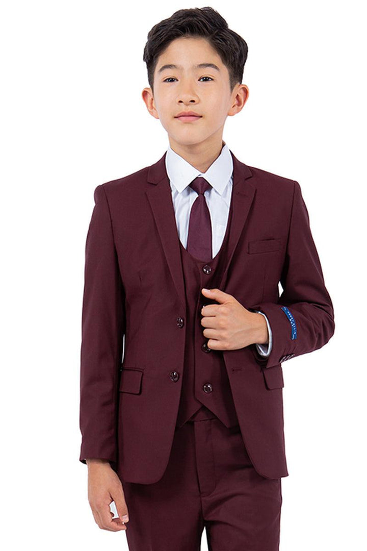 Sharp & Stylish Perry Ellis Burgundy Vested Boy's Wedding Suit - Elegant Mensattire