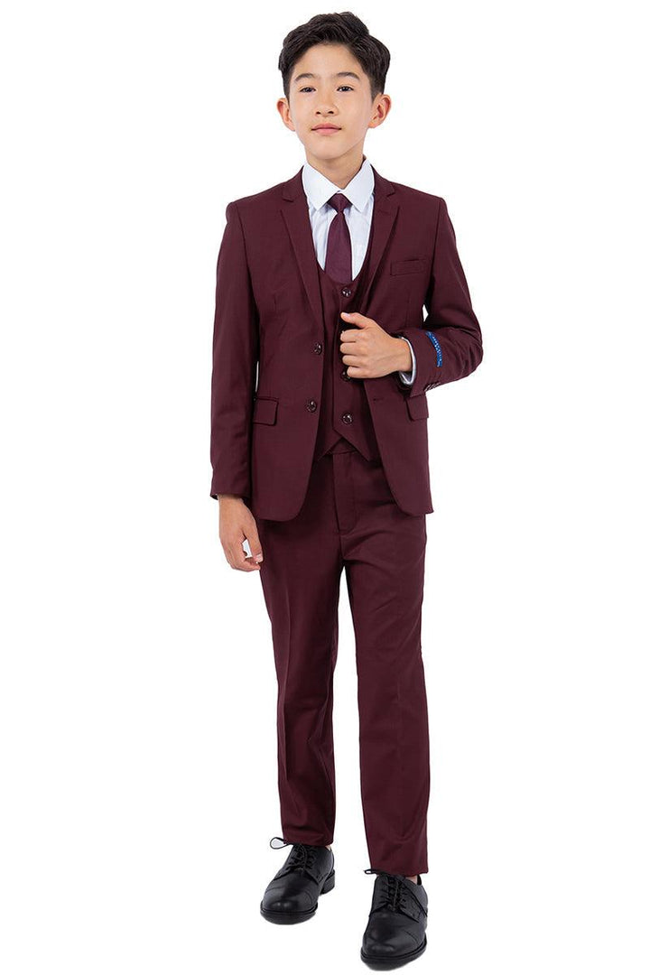 Sharp & Stylish Perry Ellis Burgundy Vested Boy's Wedding Suit - Elegant Mensattire