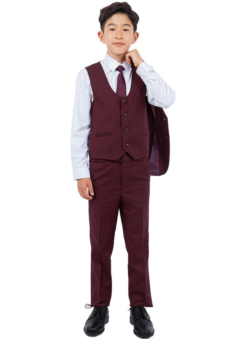 Sharp & Stylish Perry Ellis Burgundy Vested Boy's Wedding Suit - Elegant Mensattire