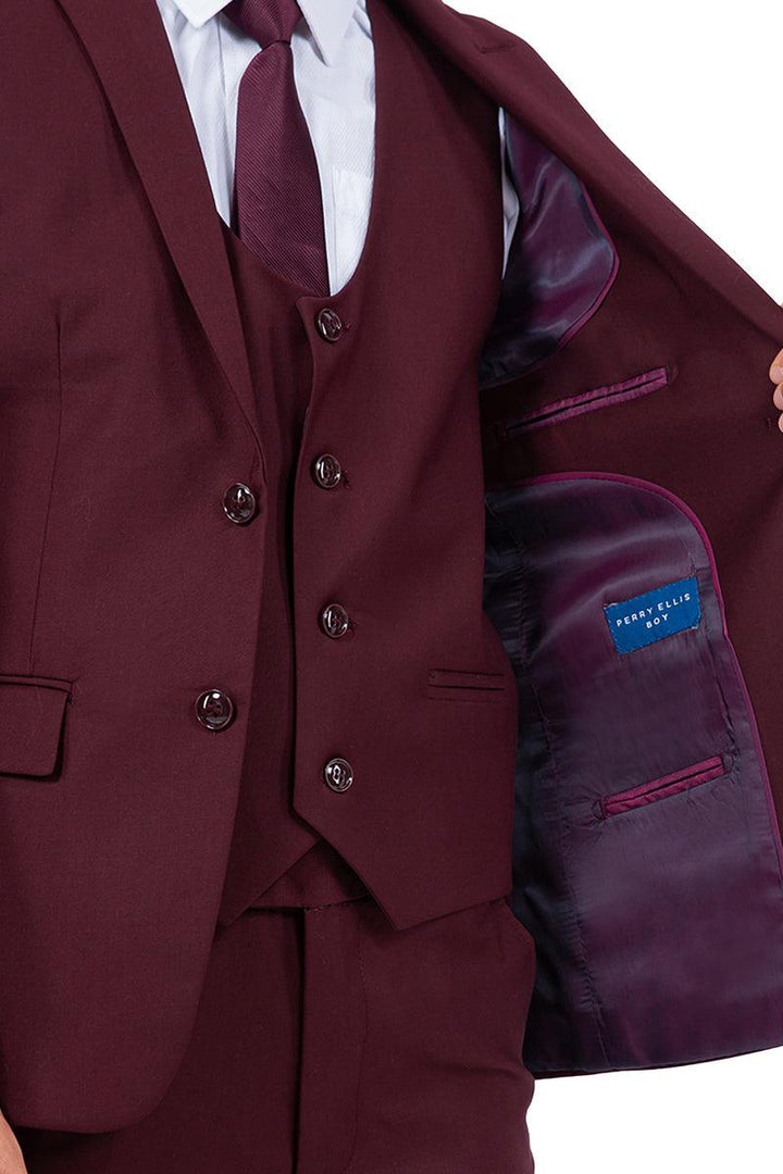 Sharp & Stylish Perry Ellis Burgundy Vested Boy's Wedding Suit - Elegant Mensattire