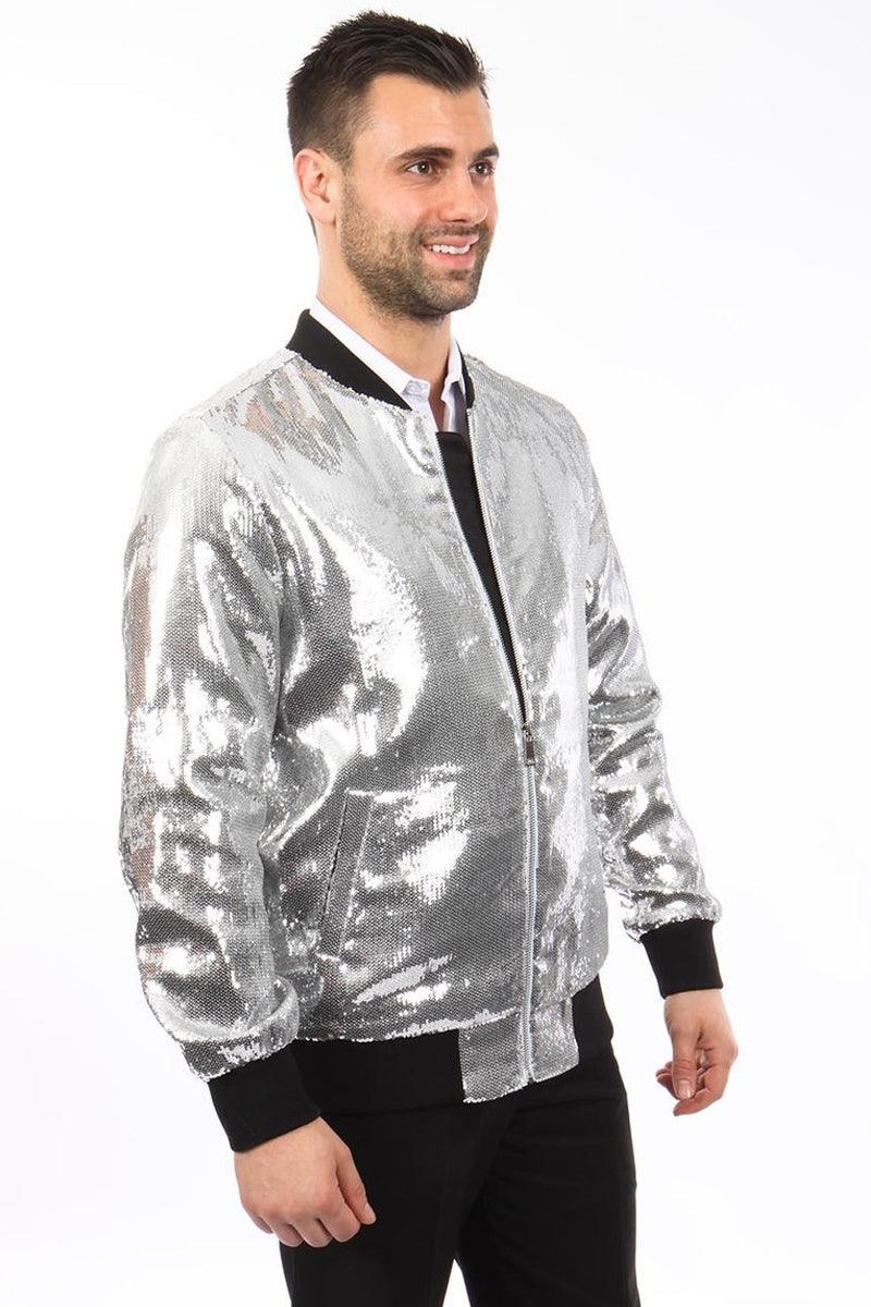 Sharp Silver Sequin Bomber by Tazio: Elevate Your Style. - Elegant Mensattire