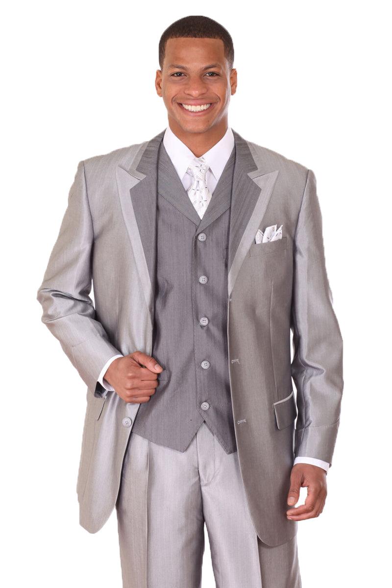 "Silver Grey Sharkskin 3-Btn Vested Suit by Fortino Landi" - Elegant Mensattire