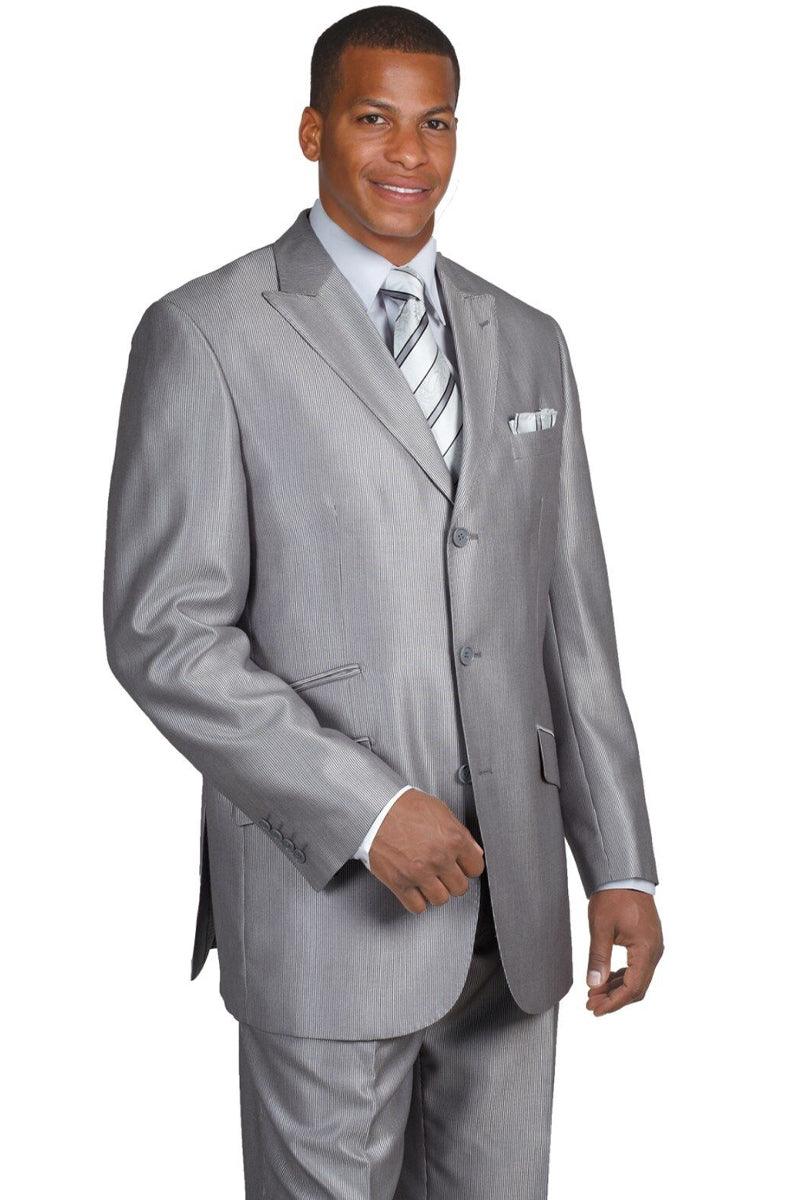 "Silver Grey Shiny Sharkskin MicroPinstripe Men's Suit: Fortino Landi" - Elegant Mensattire