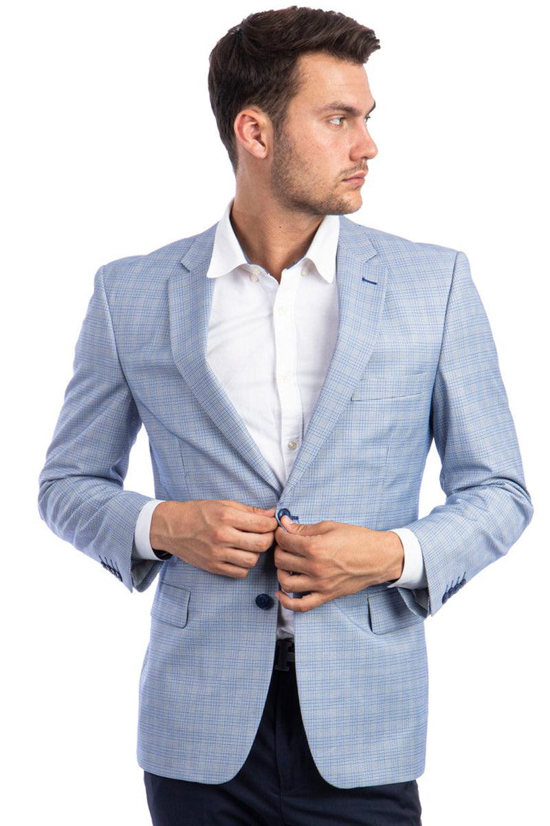 "Sky Blue Glen Plaid Sport Coat - Tazio Men's Regular Fit 2-Button Blazer" - Elegant Mensattire