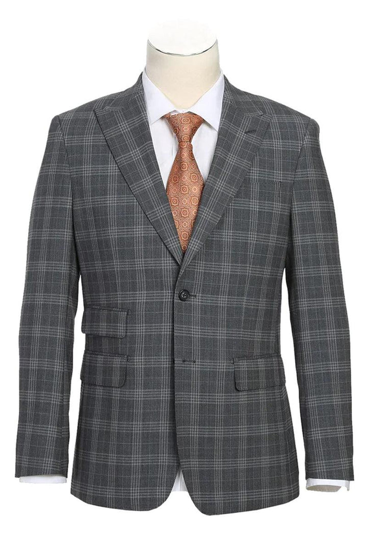 "Sleek English Laundry Gray Wool Suit, 2-Btn Slim Fit W/Peak Lapel Plaid" - Elegant Mensattire