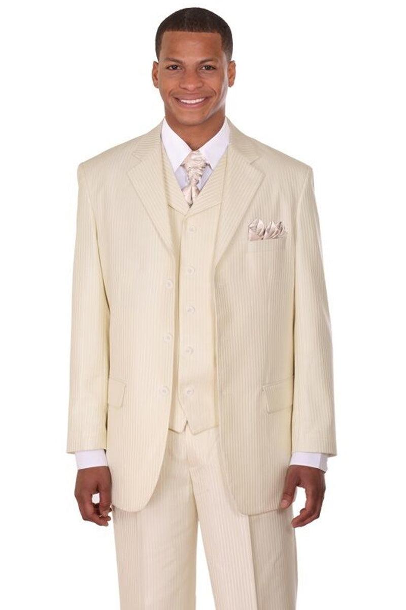 Sleek Ivory Cream Sharkskin Narrow Pinstripe Vested Suit - Fortino Landi - Elegant Mensattire