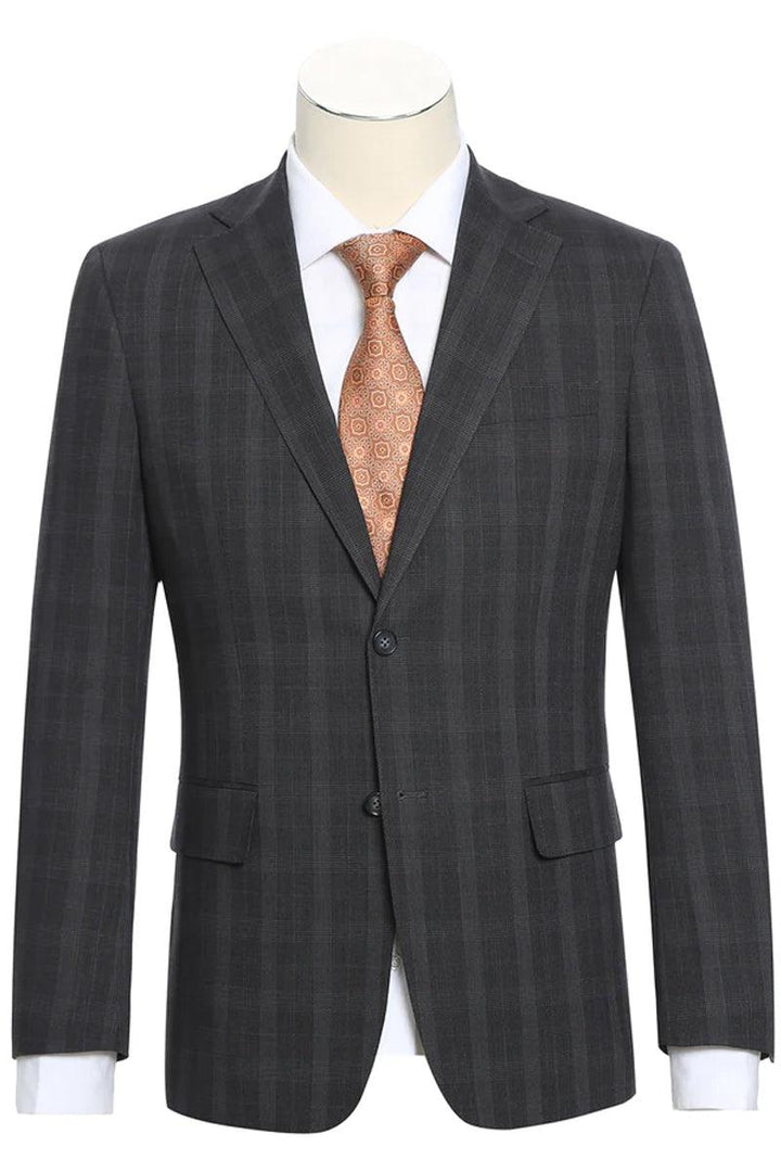 "Sleek Men's Notch Lapel Suit by English Laundry - Dark Charcoal Grey Windowpane Plaid" - Elegant Mensattire