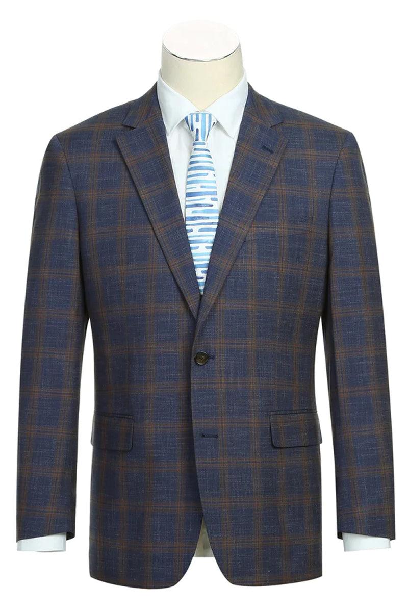 Sleek Navy & Gold Sport Coat by Renoir | Slim Fit Blazer with Windowpane Plaid | 42R Close Out - Elegant Mensattire