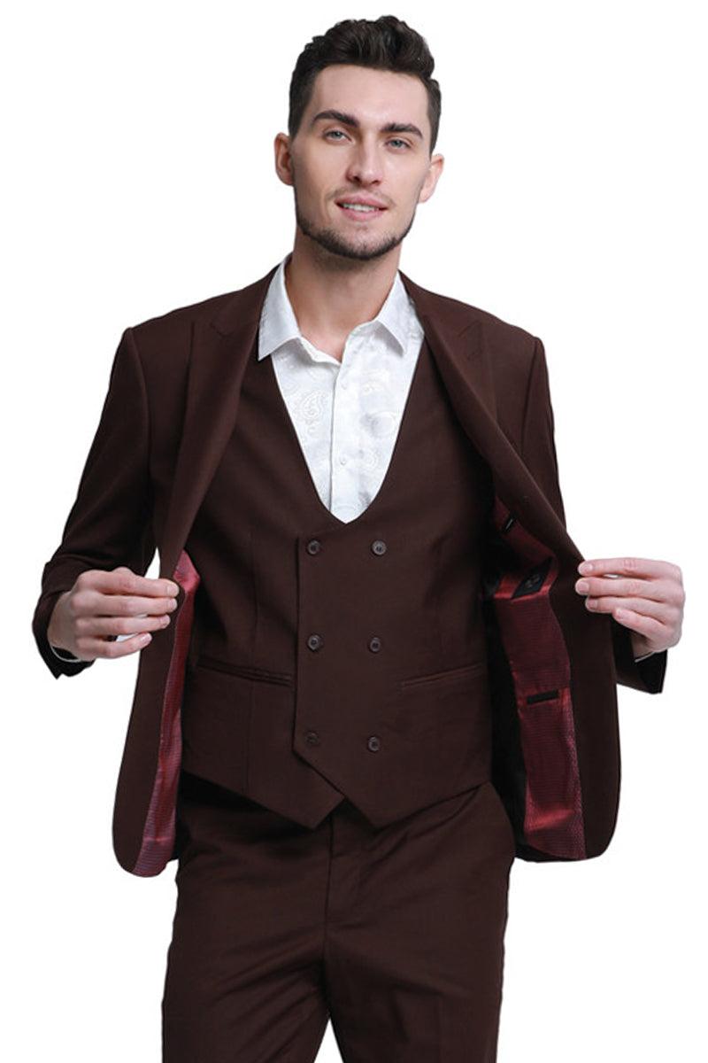 Slim-Fit Brown Tazio Men's Suit w/ Peak Lapel & Double Breasted Vest - Elegant Mensattire