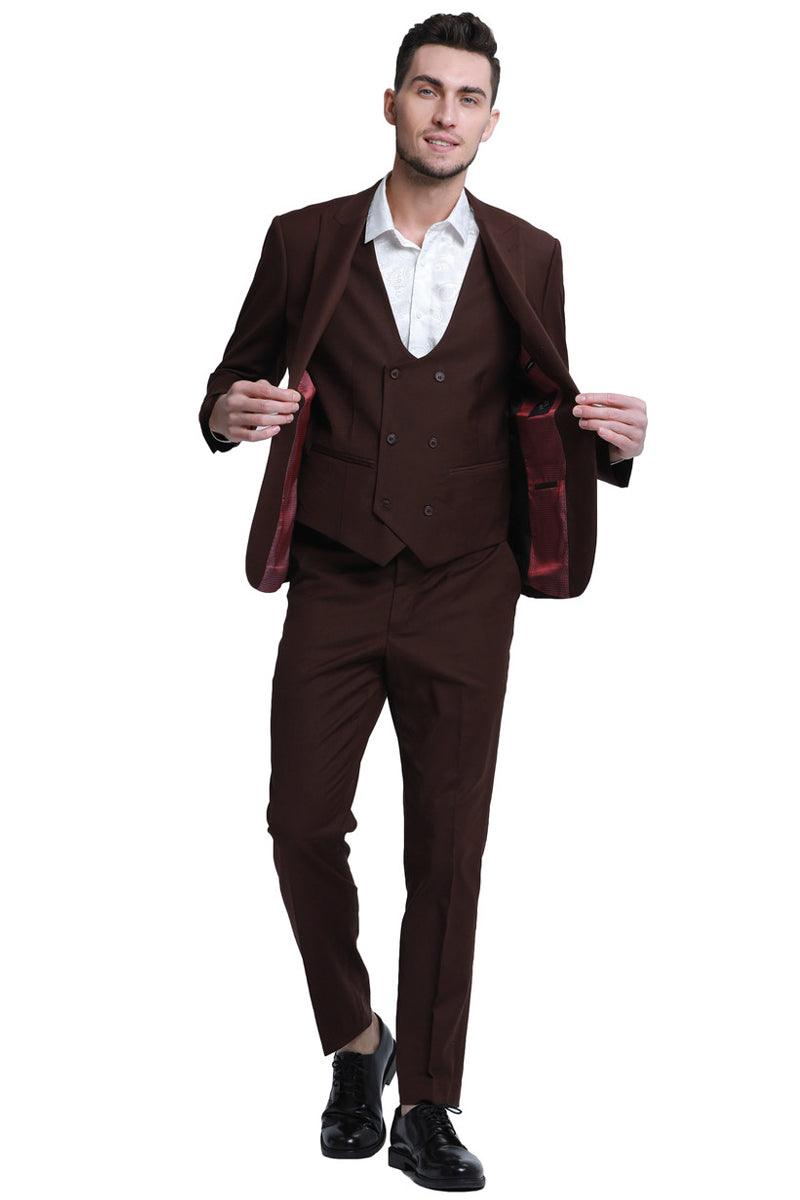 Slim-Fit Brown Tazio Men's Suit w/ Peak Lapel & Double Breasted Vest - Elegant Mensattire