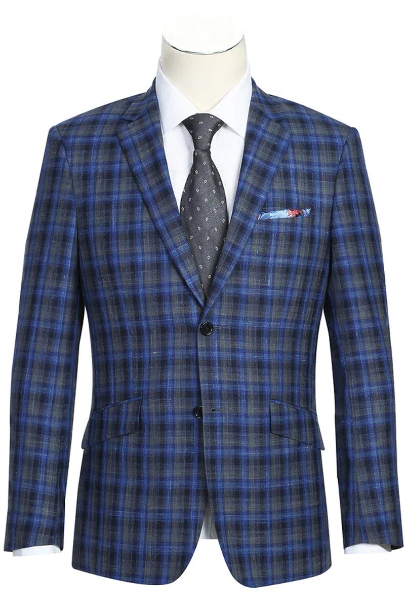 Slim Fit Wool Plaid Blazer – Renoir Navy & Grey Windowpane - Elegant Mensattire