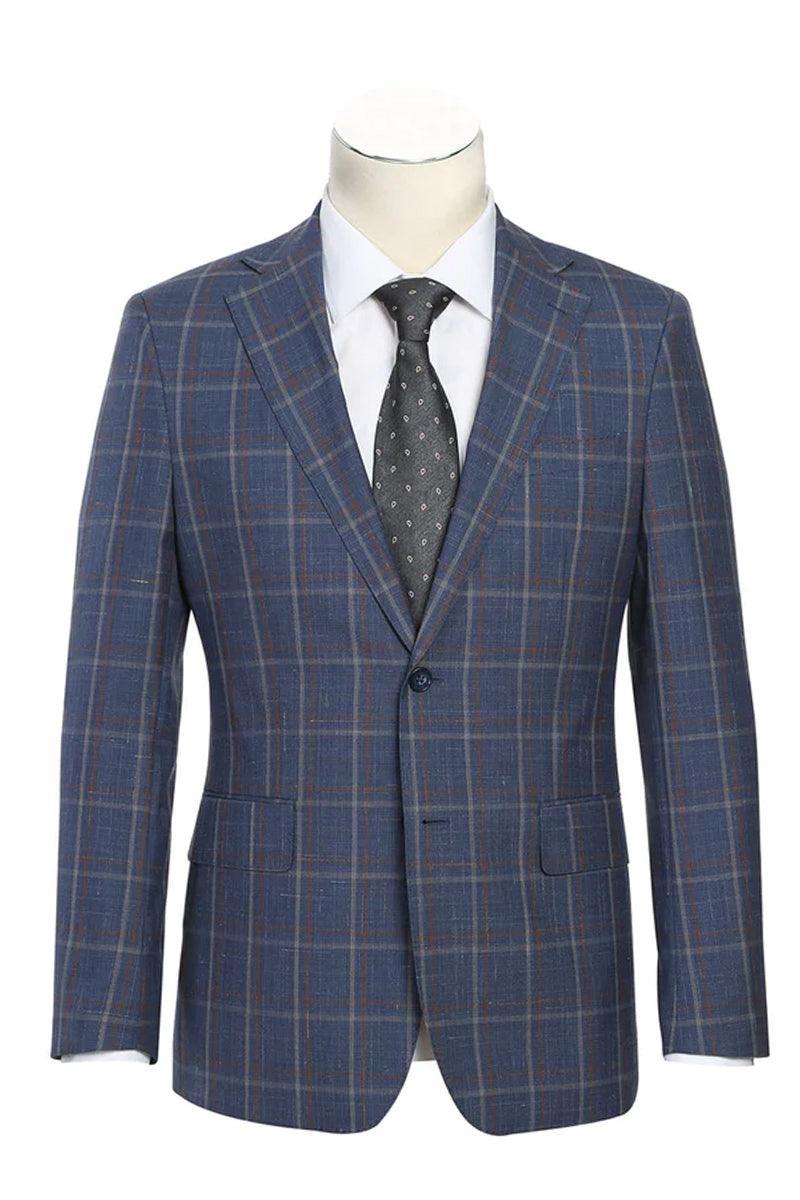 Slim-Fit Wool Suit w/ Notch Lapel: Steel Blue & Orange Windopane Plaid by English Laundry - Elegant Mensattire