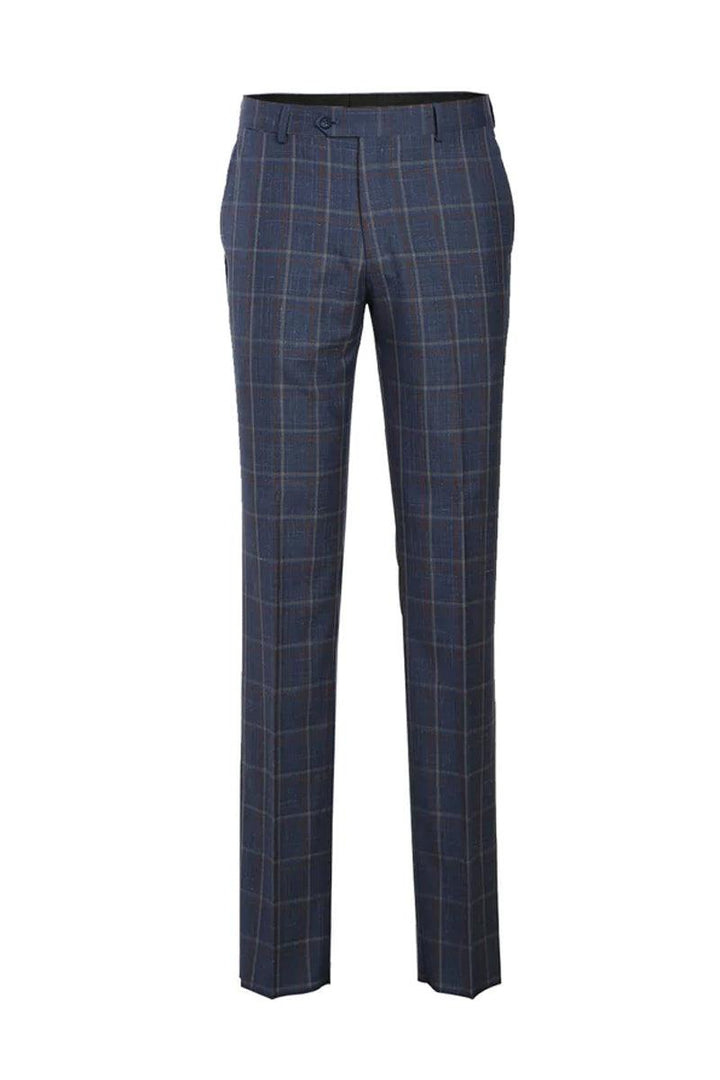 Slim-Fit Wool Suit w/ Notch Lapel: Steel Blue & Orange Windopane Plaid by English Laundry - Elegant Mensattire