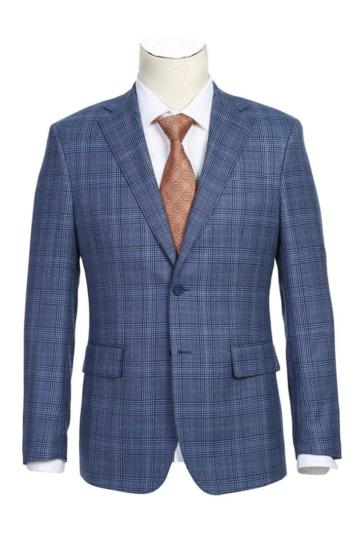 Sophisticated Men's Wool Suit: English Laundry 2-Btn Notch Lapel Slim Fit Denim Blue Windowpane - Elegant Mensattire