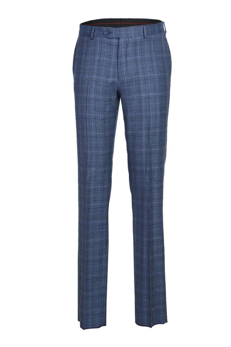 Sophisticated Men's Wool Suit: English Laundry 2-Btn Notch Lapel Slim Fit Denim Blue Windowpane - Elegant Mensattire