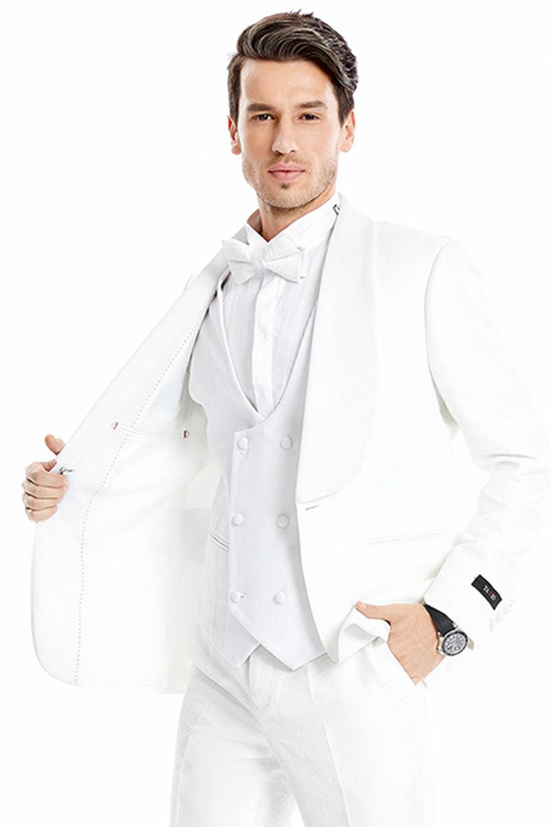 Sophisticated White Tazio Paisley Lapel Prom & Wedding Tuxedo - Men's One Button Vested Wide Shawl - Elegant Mensattire