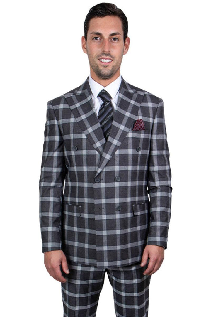 "Stacy Adams Double-Breasted Men's Suit in Black & Grey Windowpane" - Elegant Mensattire