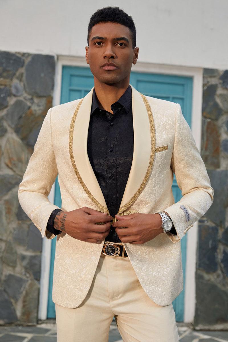 "Stacy Adams Ivory & Gold Paisley Tuxedo Jacket for Weddings" - Elegant Mensattire