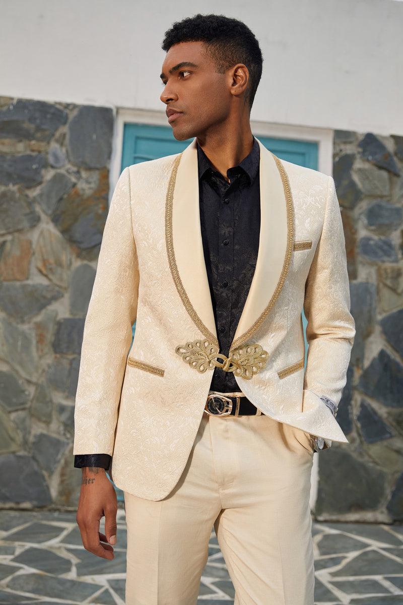 "Stacy Adams Ivory & Gold Paisley Tuxedo Jacket for Weddings" - Elegant Mensattire