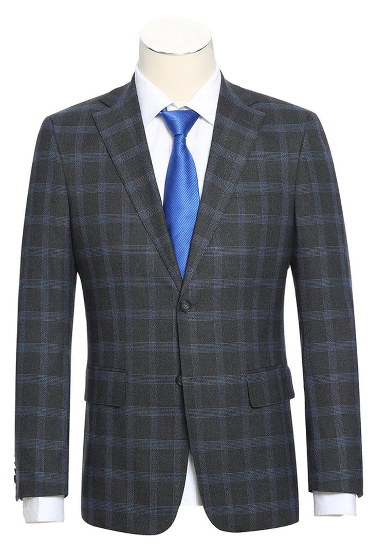 Stylish English Laundry Charcoal Grey Windowpane Suit: Slim Fit, Notch Lapel, 2-Button. - Elegant Mensattire