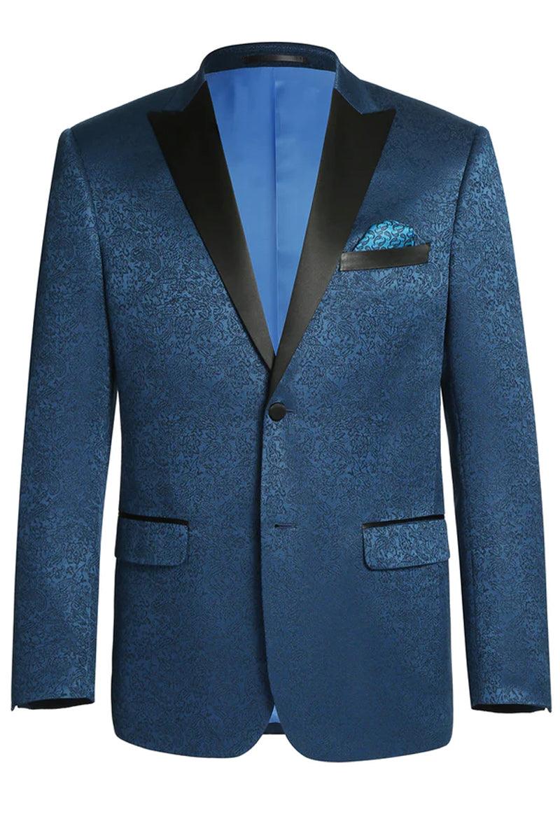 Stylish Renoir Teal Blue Paisley Tuxedo Blazer w/ Peak Lapels - Elegant Mensattire