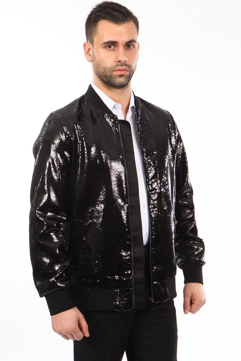 Stylish Tazio Men's Black Sequin Bomber Jacket - Elegant Mensattire