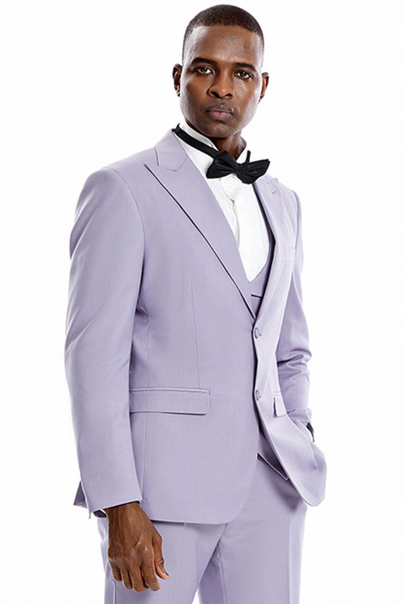 Suggested Product Title: Tazio Men's Lavender 2-Button Vested Peak Lapel Suit – Ideal For Weddings & Proms - Elegant Mensattire