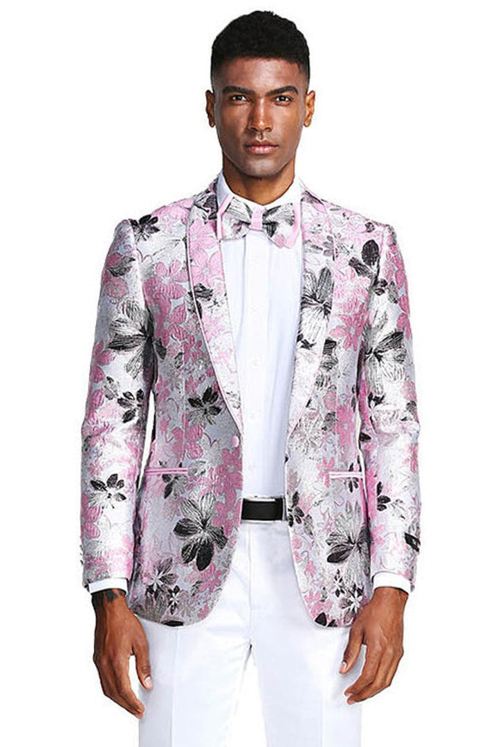 Tailored Titillating Tazio: Slim Fit Paisley Prom Tuxedo Jacket - Pink & Black - Elegant Mensattire