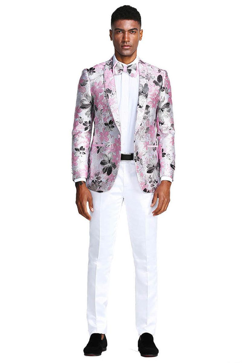 Tailored Titillating Tazio: Slim Fit Paisley Prom Tuxedo Jacket - Pink & Black - Elegant Mensattire